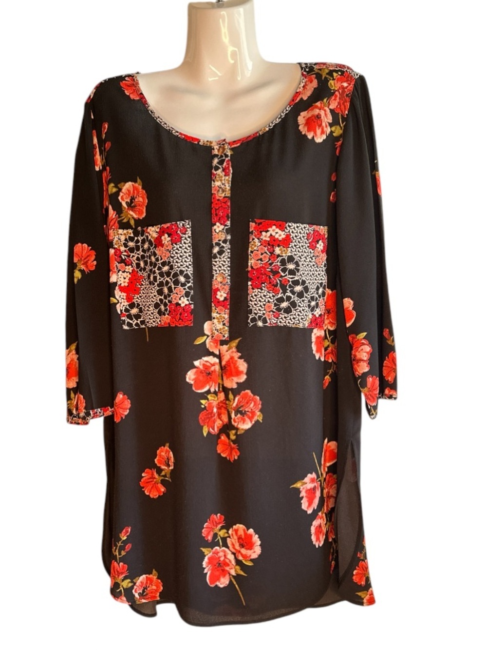 Fig and Flower Black Floral Tunic Top with Red Orange Blooms